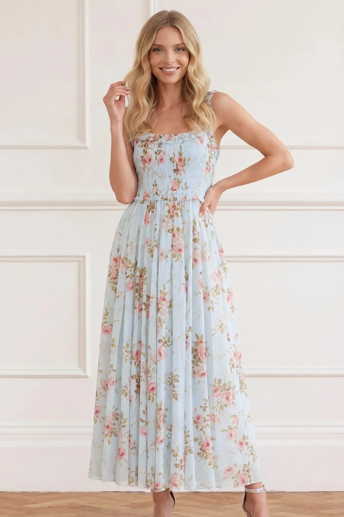 Summer's Rose Chiffon Smocked Cami Ankle Gown - Image 2