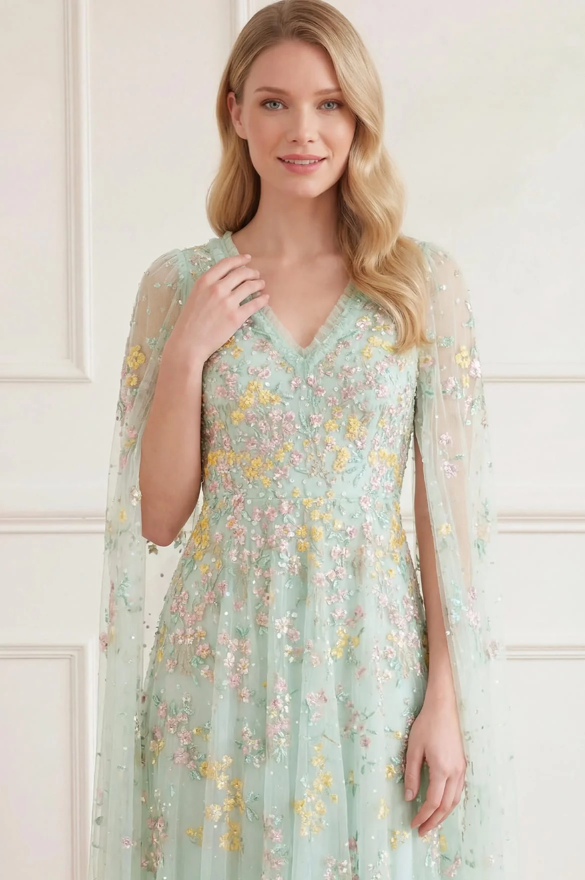 Versailles Ditsy V-Neck Cape Sleeve Ankle Gown - Image 3
