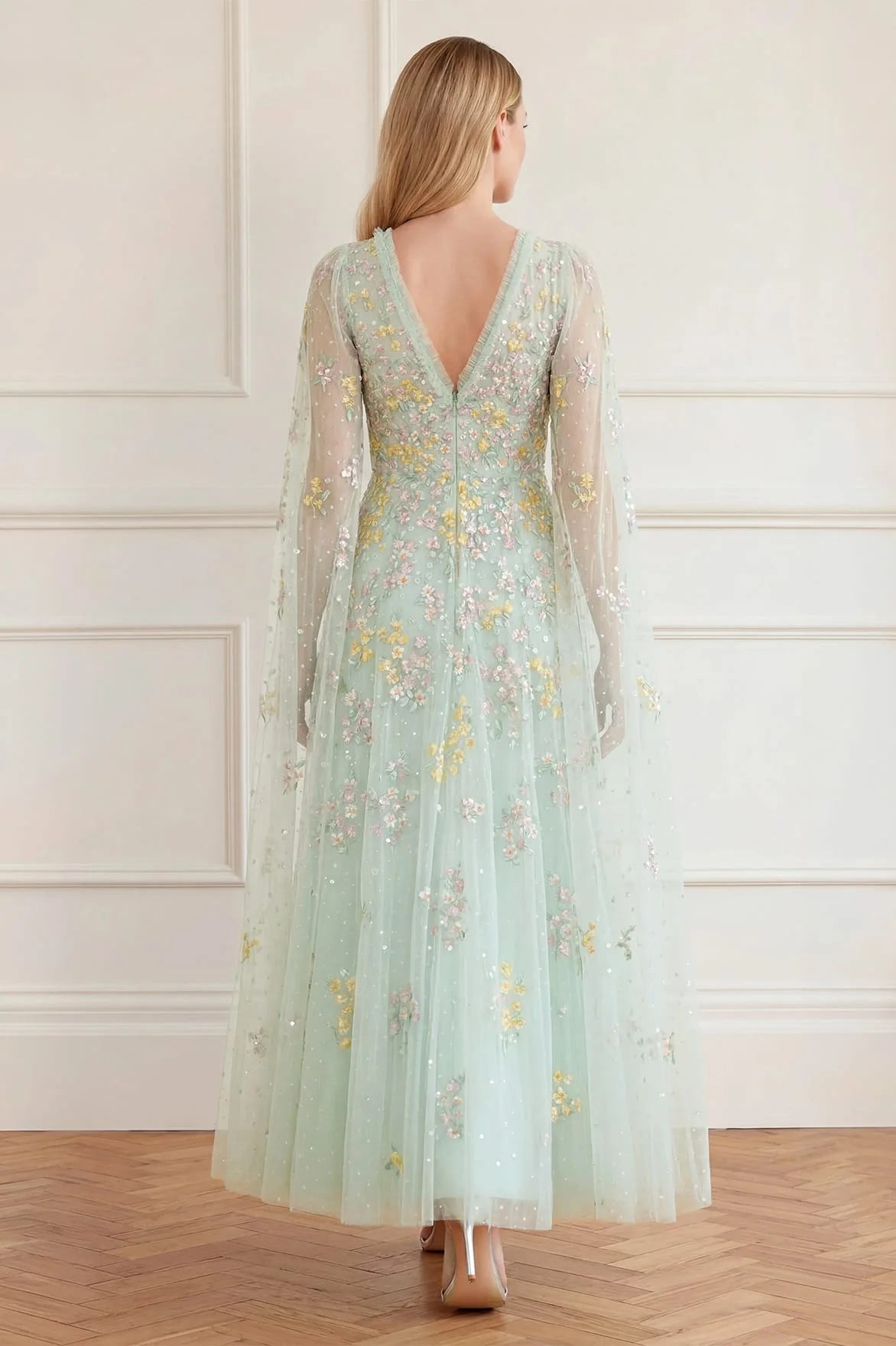 Versailles Ditsy V-Neck Cape Sleeve Ankle Gown - Image 5