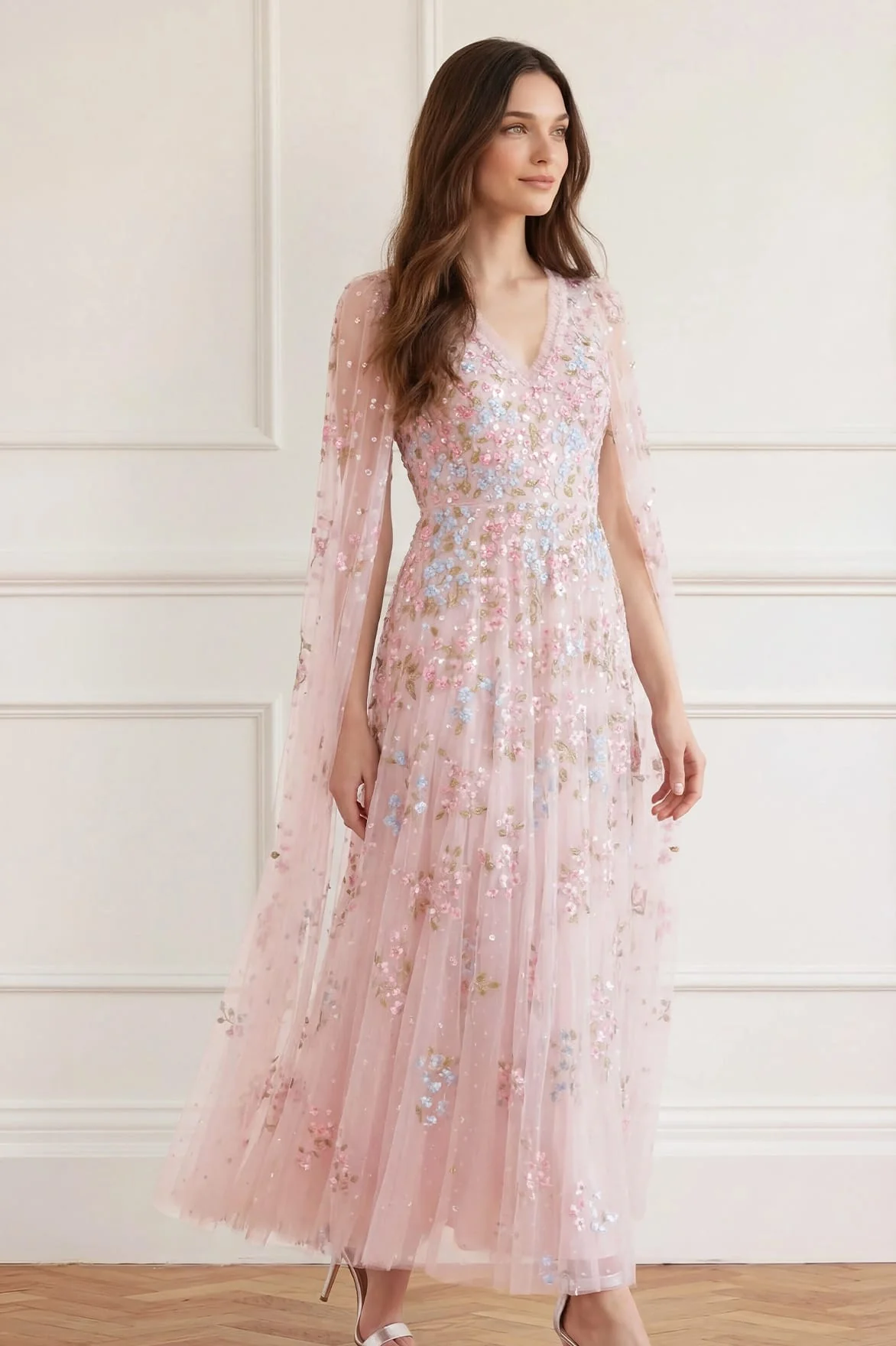 Versailles Ditsy V-Neck Cape Sleeve Ankle Gown - Image 3