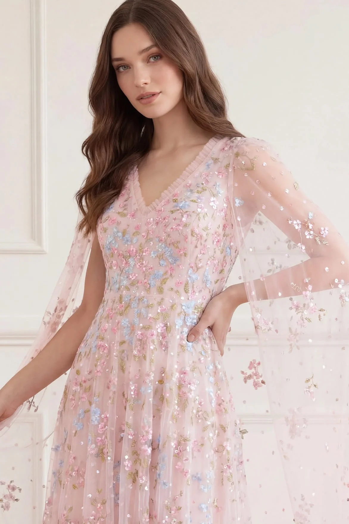 Versailles Ditsy V-Neck Cape Sleeve Ankle Gown - Image 4
