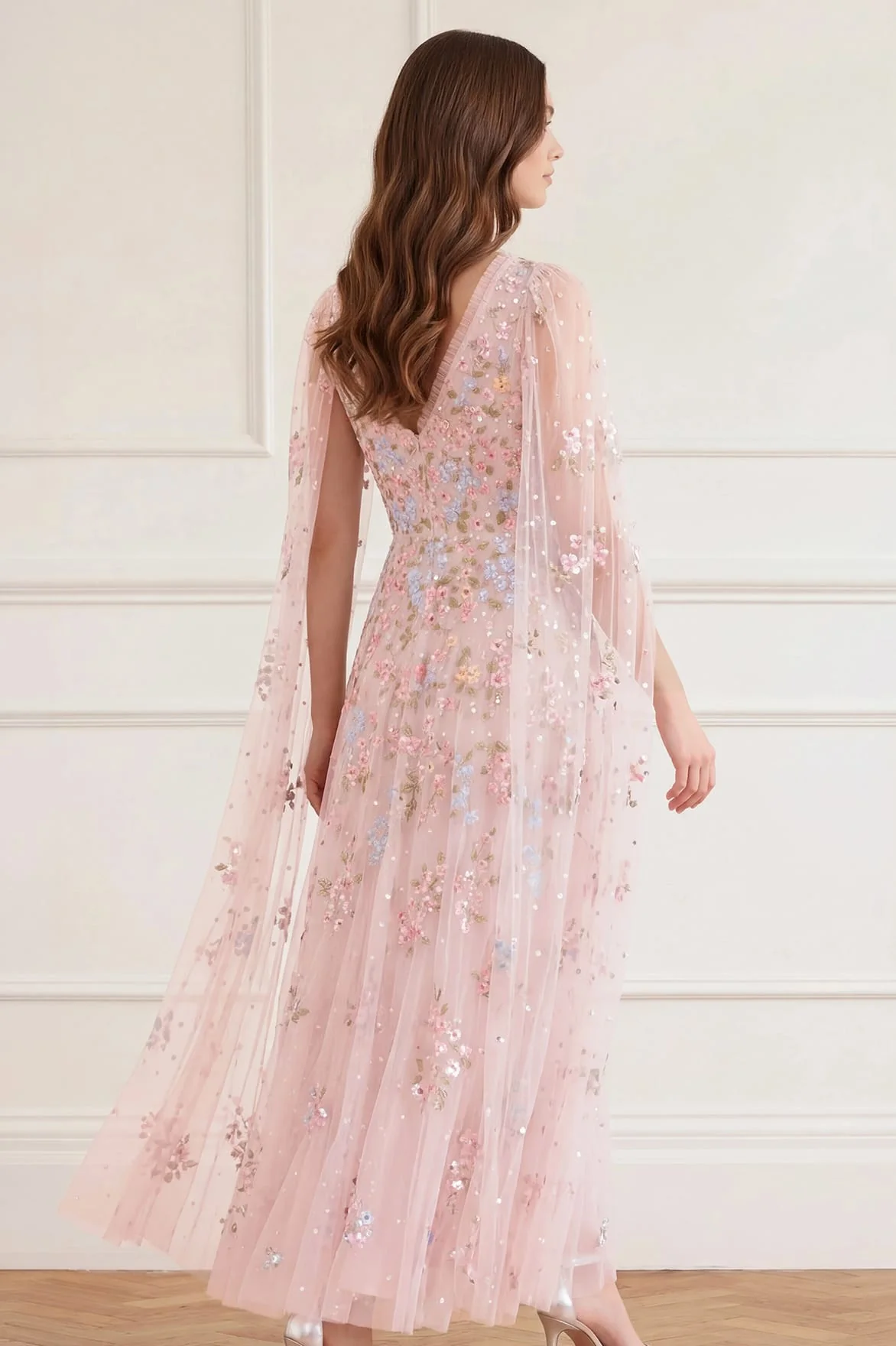 Versailles Ditsy V-Neck Cape Sleeve Ankle Gown - Image 6