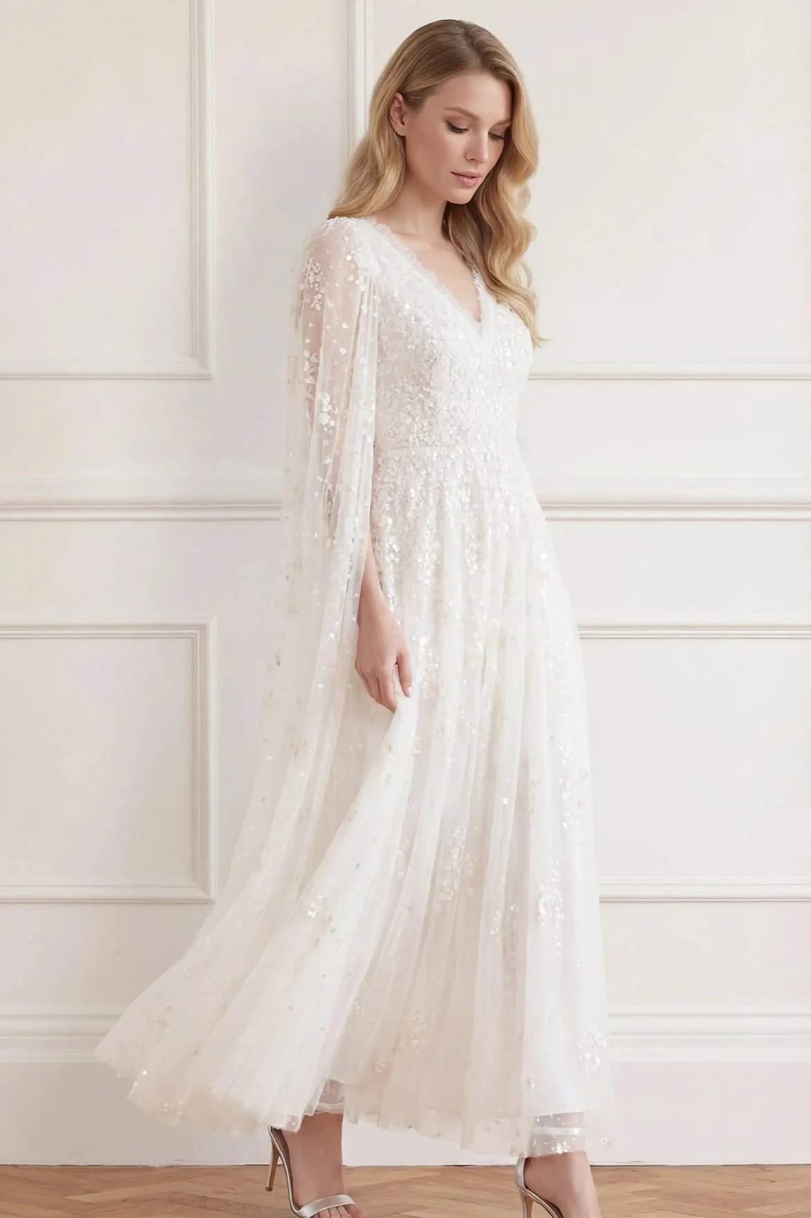 Versailles Ditsy V-Neck Cape Sleeve Ankle Gown - Image 4