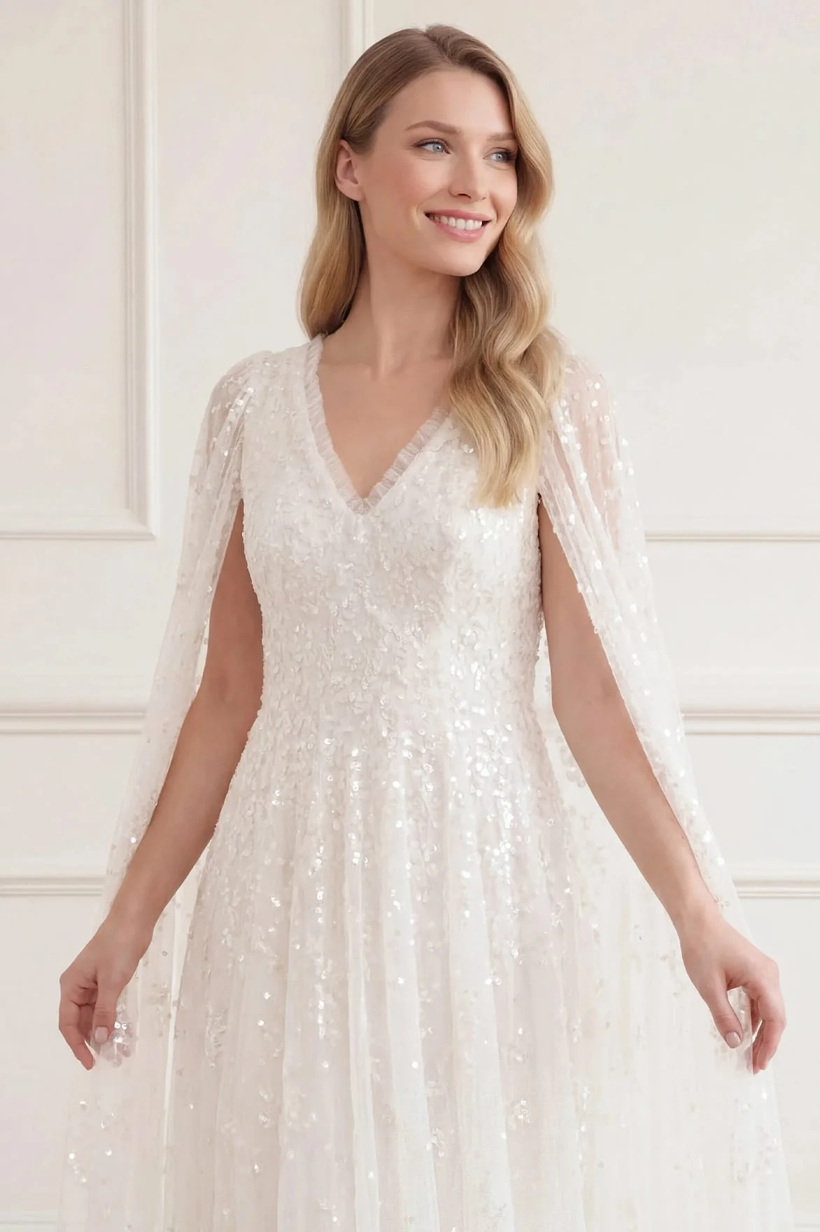Versailles Ditsy V-Neck Cape Sleeve Ankle Gown - Image 5