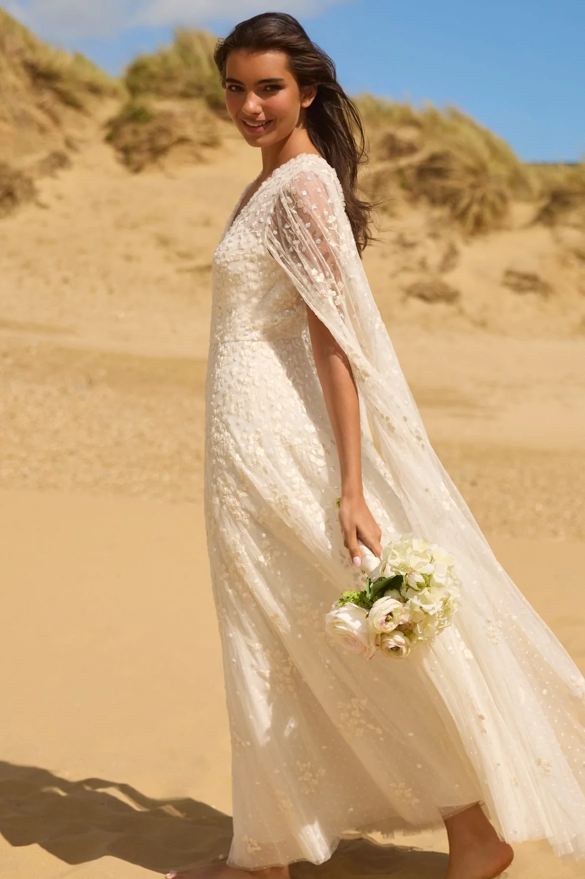 Versailles Ditsy V-Neck Cape Sleeve Ankle Gown - Image 7